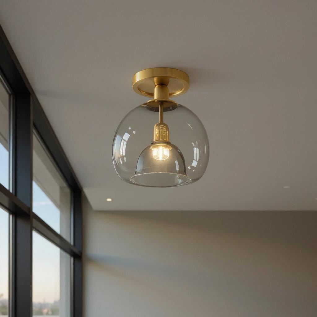 Brushed Brass Semi-Flush Ceiling Light with Smoked Glass Globe