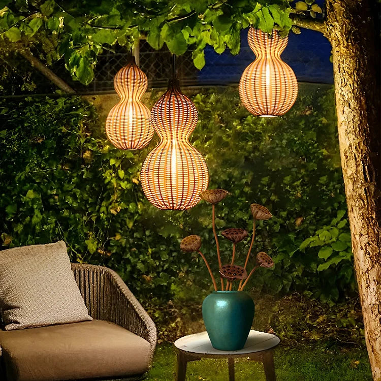 Handwoven Rattan Sconce Light – Bohemian Gourd Outdoor Indoor Fixture with Warm Ambient Glow