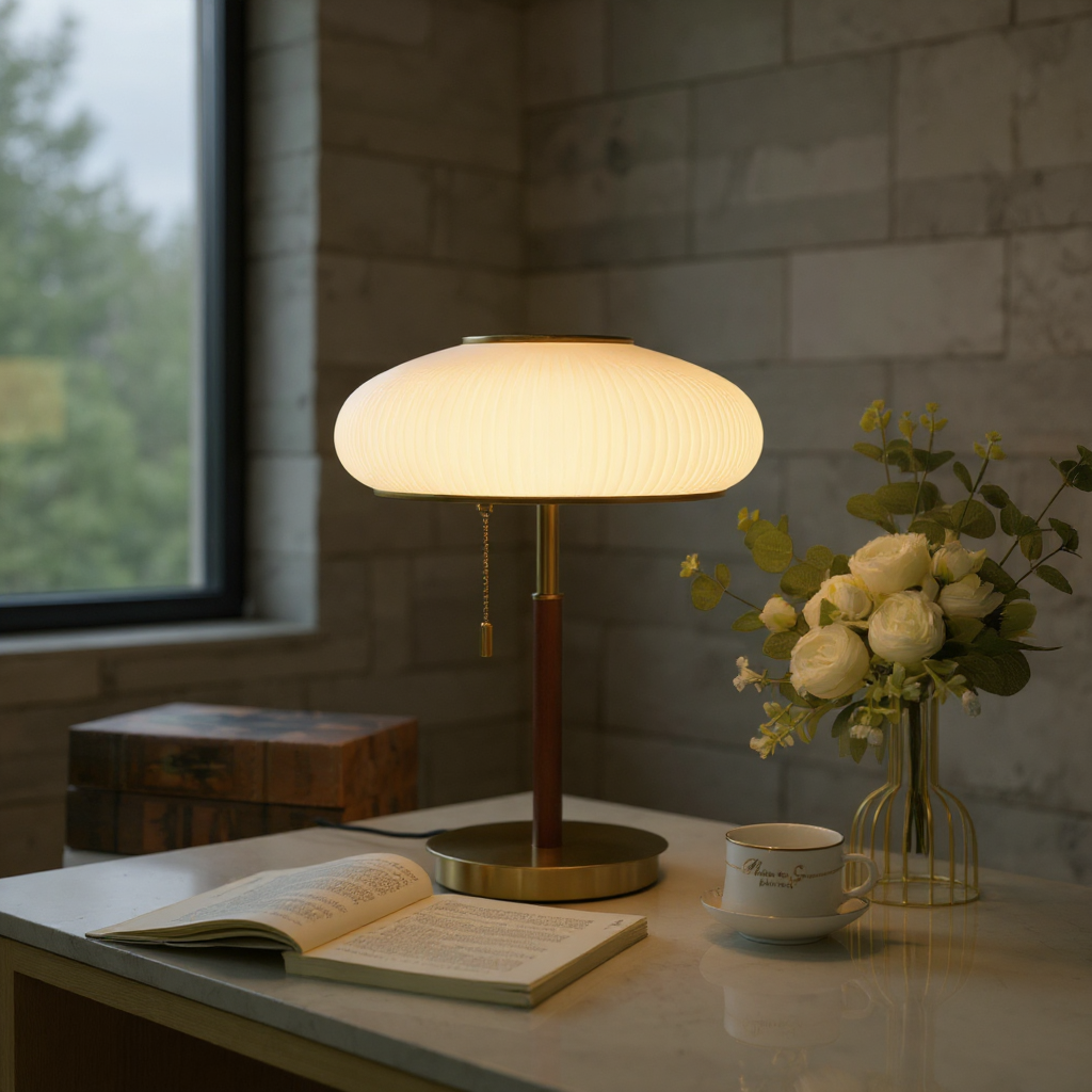 Solstice Ribbed Glass Table Lamp – Modern Brass Accent Bedside Light