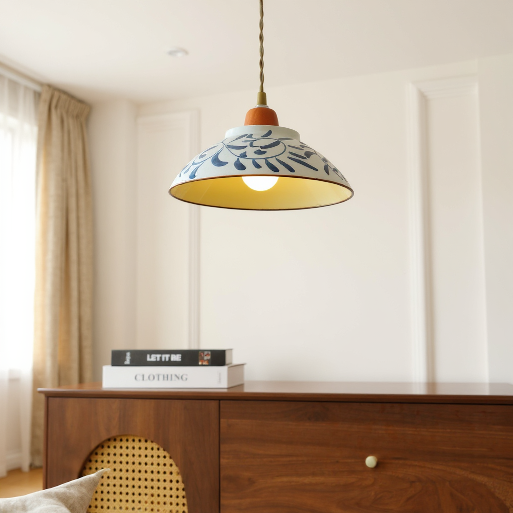 Arden Hand-Painted Ceramic Pendant - Blue Pattern Hanging Ceiling Light