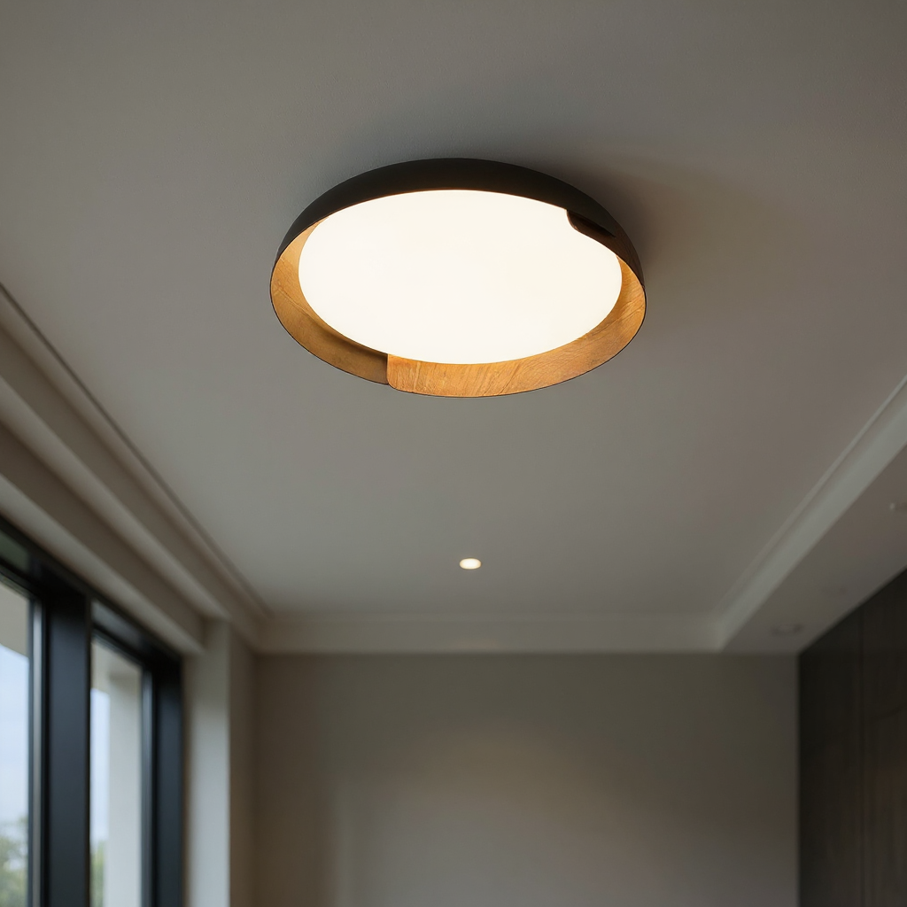 Solara Round Wood Accent LED Ceiling Light – Modern Flush Mount Bedroom Living Room Fixture