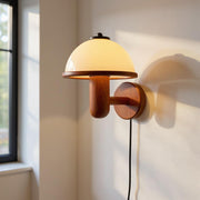 Retro Mushroom Wood Wall Lamp – Vintage Glass Shade Bedside Light