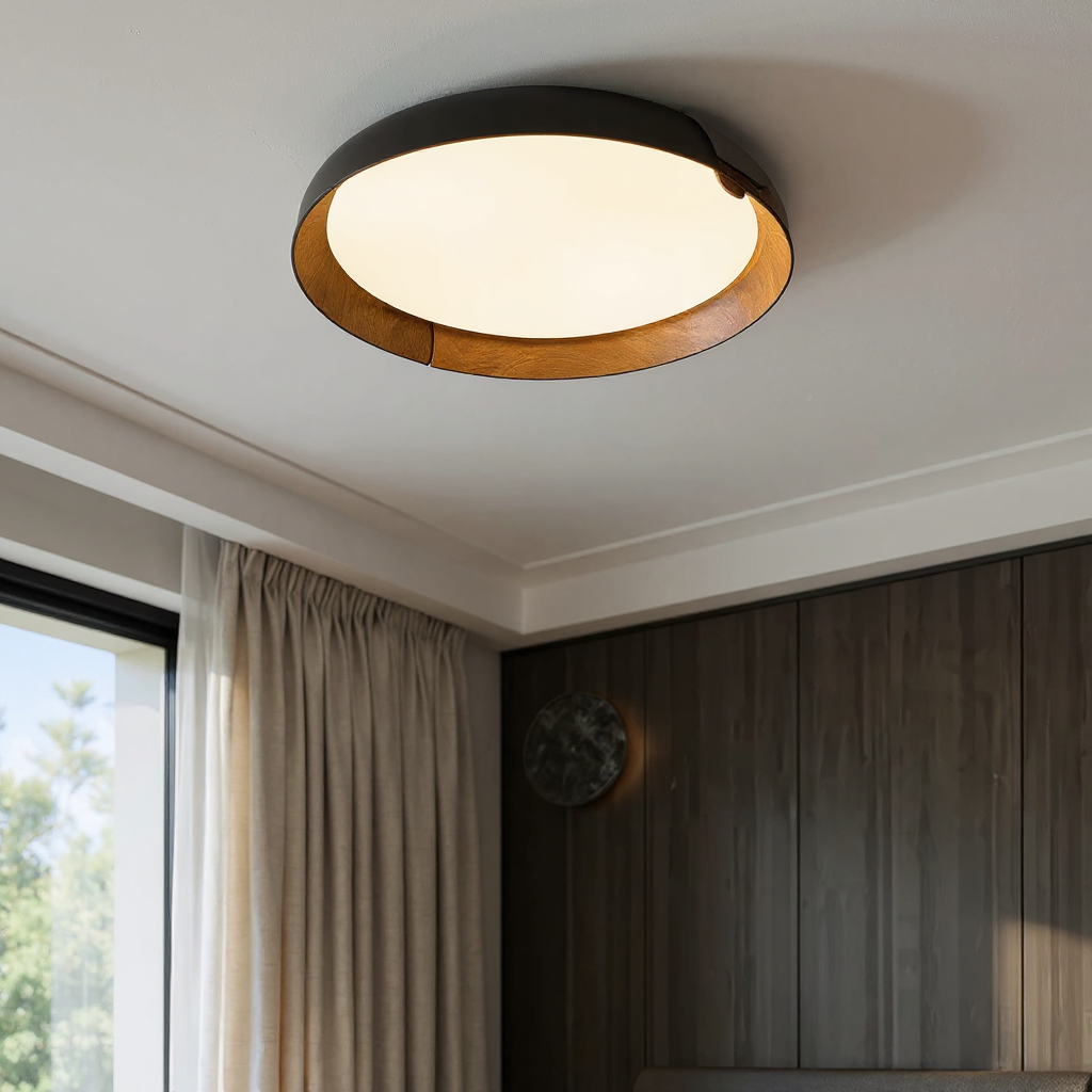 Solara Round Wood Accent LED Ceiling Light – Modern Flush Mount Bedroom Living Room Fixture