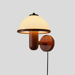 Retro Mushroom Wood Wall Lamp – Vintage Glass Shade Bedside Light