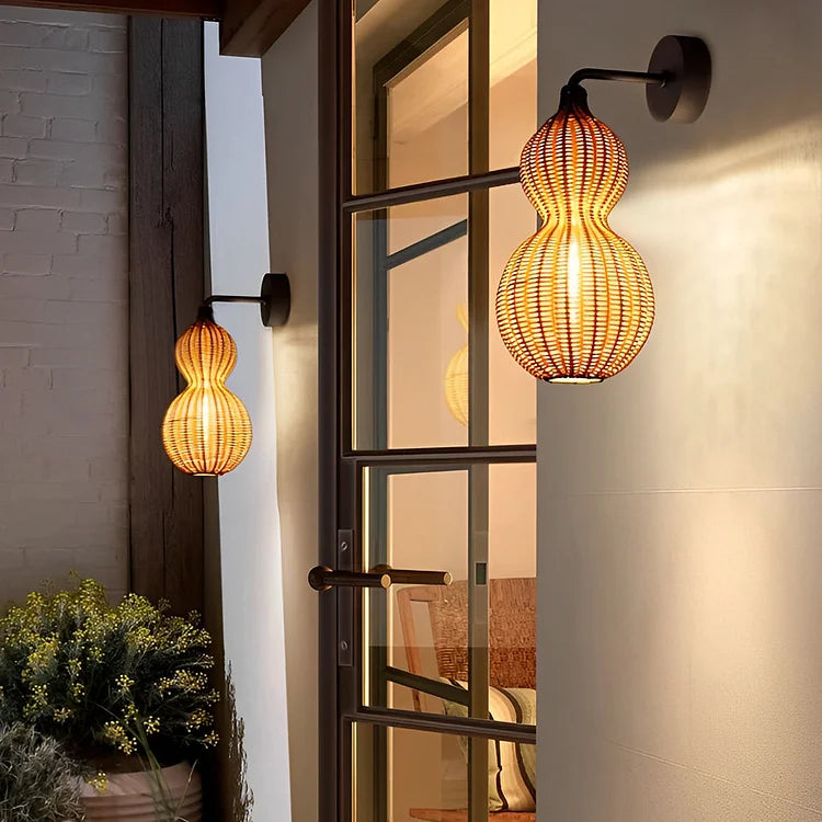 Handwoven Rattan Sconce Light – Bohemian Gourd Outdoor Indoor Fixture with Warm Ambient Glow