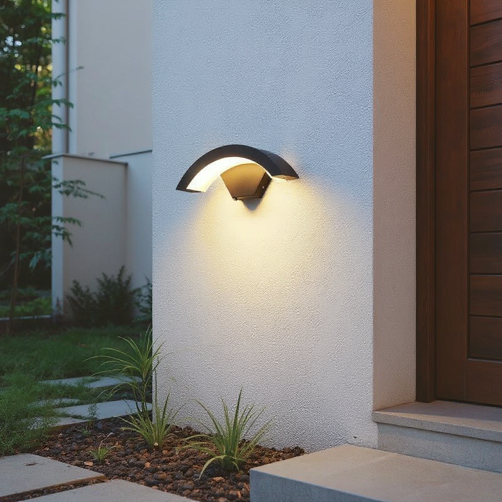 Modern Curved Outdoor Wall Lamp with Ambient LED Glow – Waterproof Exterior Architectural Light