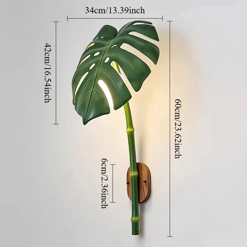 Palmyra Leaf Wall Lamp – Tropical Monstera Outdoor Wall Sconce Bamboo Stem LED Garden Patio Lighting Fixture
