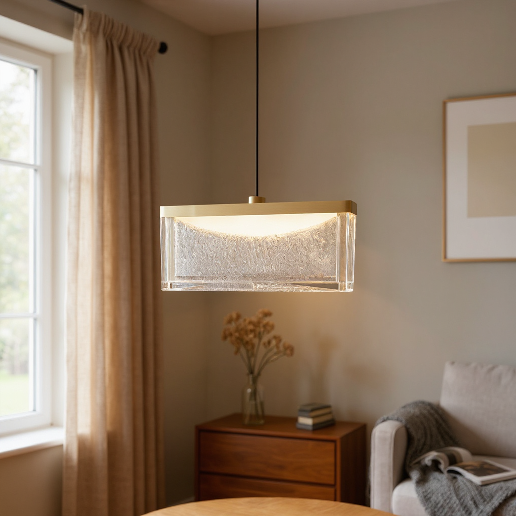 Cascade Seeded Glass Pendant Light – Brass Rectangle Kitchen Island Dining Room Hanging Fixture