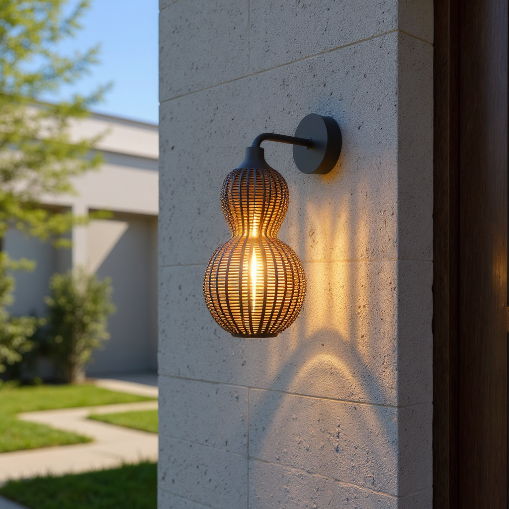 Handwoven Rattan Sconce Light – Bohemian Gourd Outdoor Indoor Fixture with Warm Ambient Glow