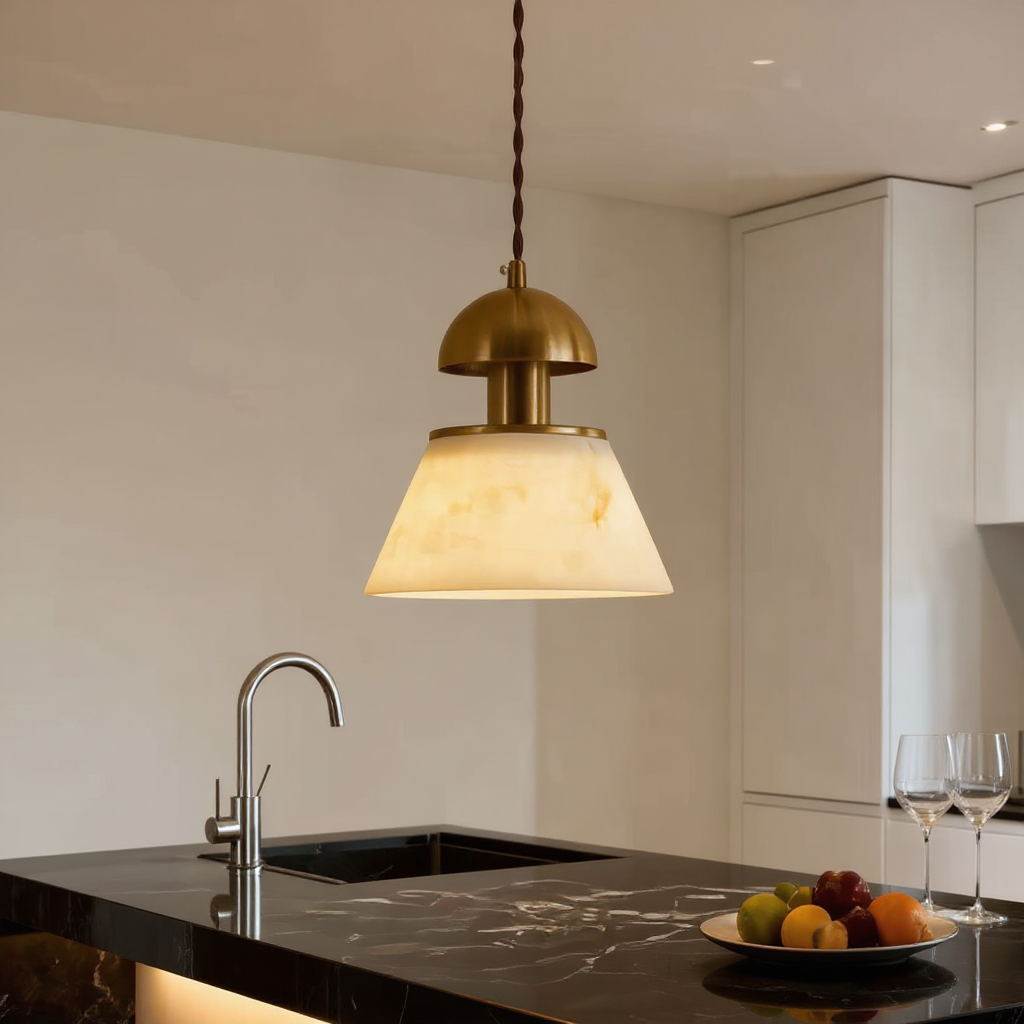 Verona Alabaster Cone Pendant Light – Brass Kitchen Island Dining Room Hanging Fixture