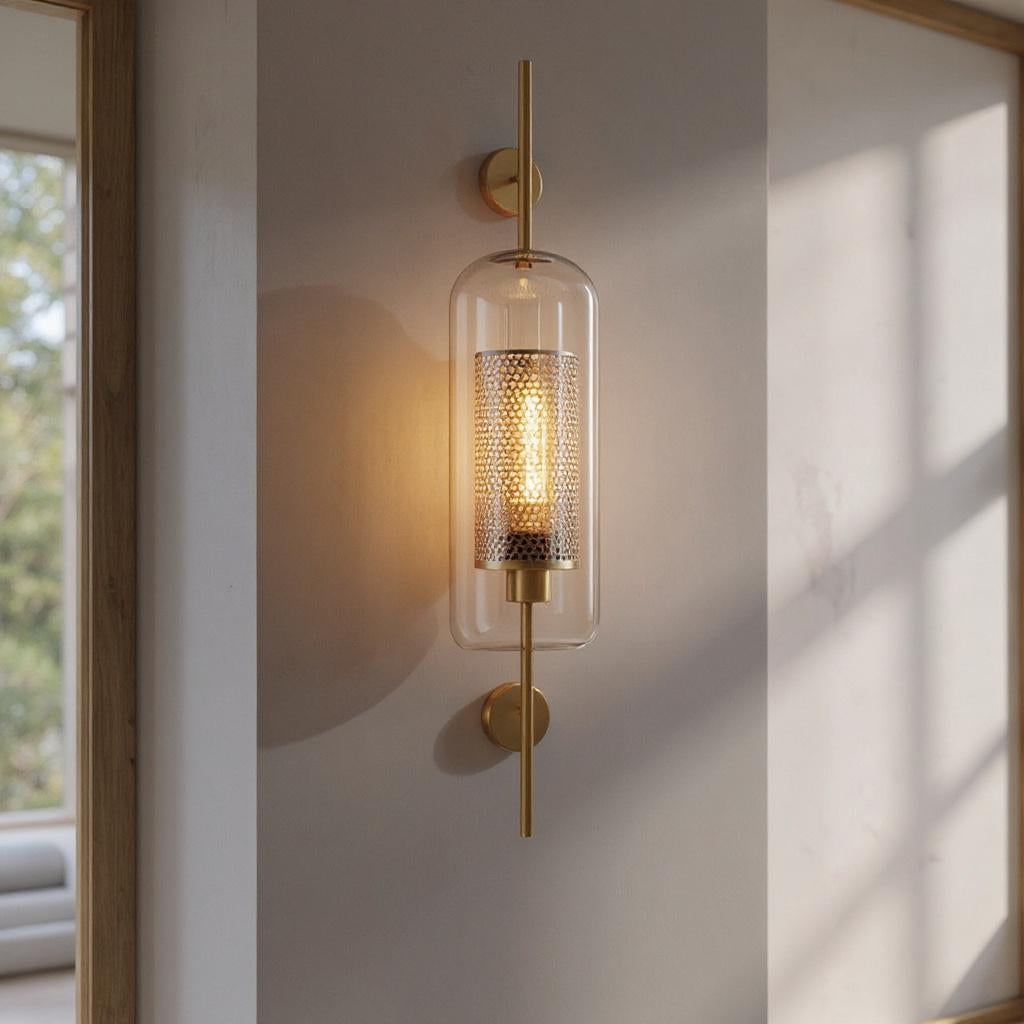 Vertical Glass Tube Wall Lamp Sconce – Perforated Brass Cylinder LED Fixture with Clear Dome Shade