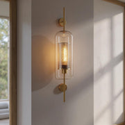Vertical Glass Tube Wall Lamp Sconce – Perforated Brass Cylinder LED Fixture with Clear Dome Shade