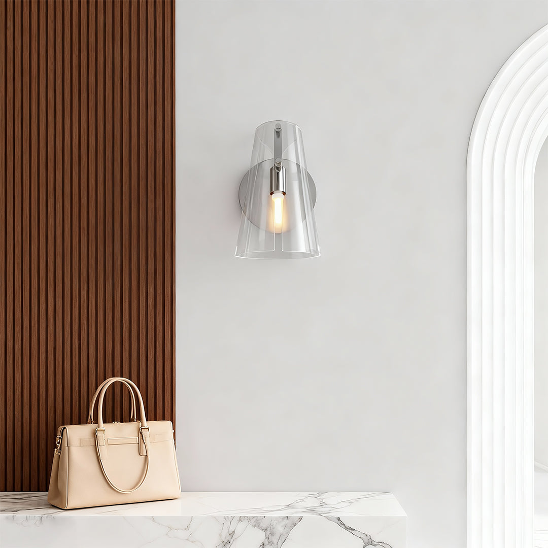Vireo Tapered Glass Wall Lamp – Angled Clear Shade Interior Wall Lighting Fixture