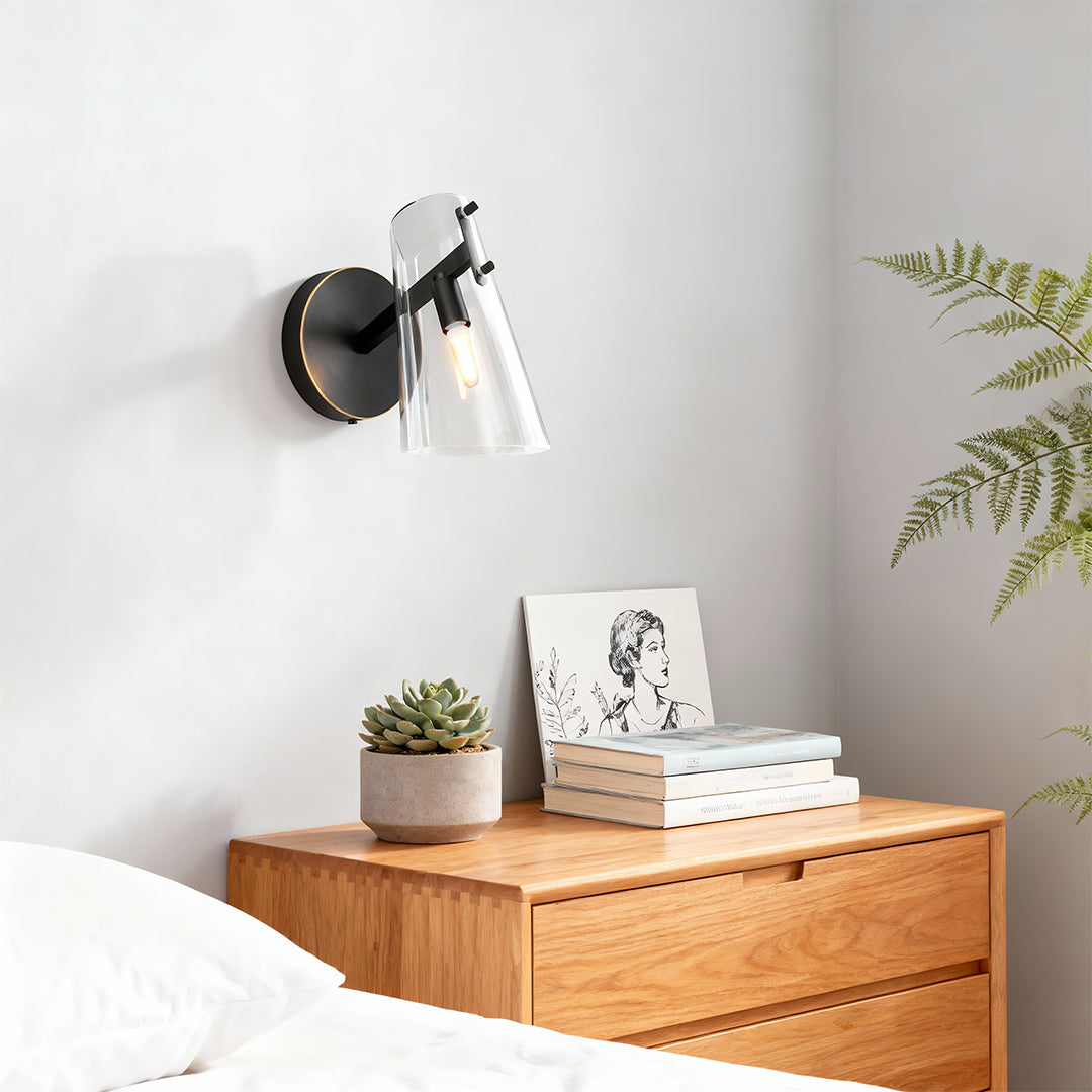 Vireo Tapered Glass Wall Lamp – Angled Clear Shade Interior Wall Lighting Fixture