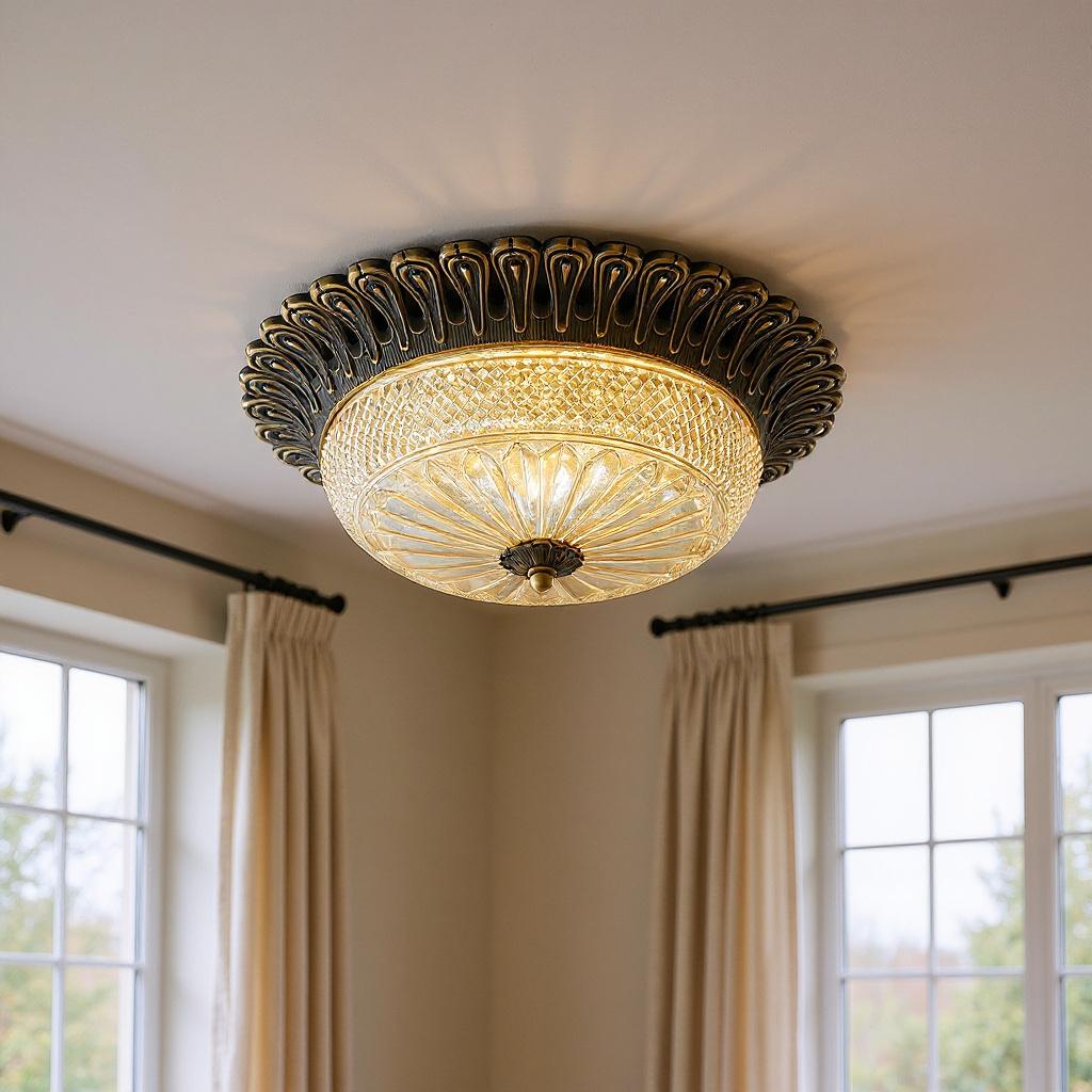 Carved Glass Flush Mount Ceiling Light – Vintage Brass Crystal Fixture