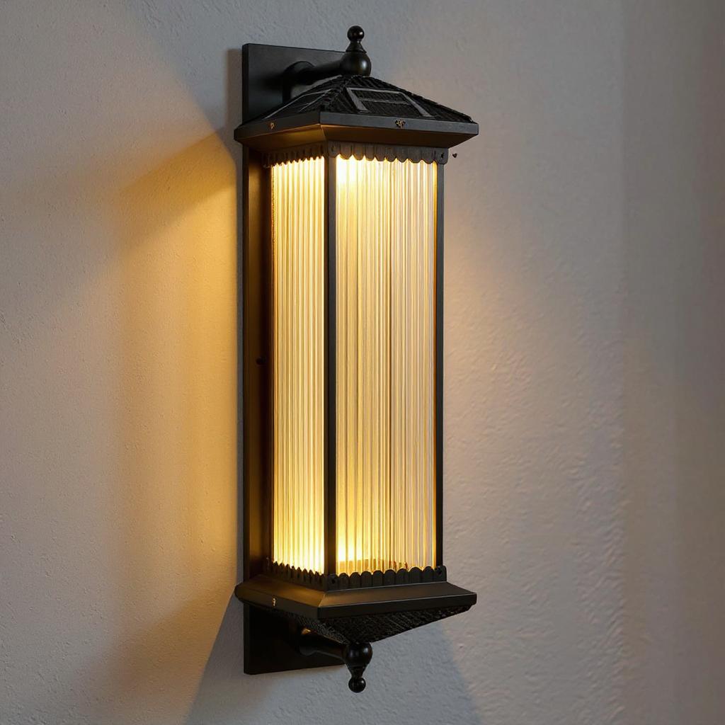 Striped Glass Solar Outdoor Wall Lamp with Warm Ambient Illumination – Waterproof Decorative Exterior Light