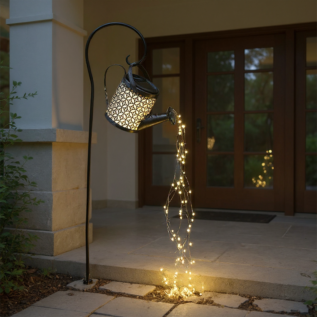 Solar Watering Can Garden Light with Cascading LED Fairy String – Outdoor Decorative Pathway Landscape Lamp