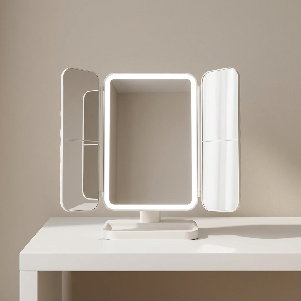 Reflectra Trifold Vanity Mirror – LED Lighted Makeup Mirror Tabletop Touch Control Adjustable Portable