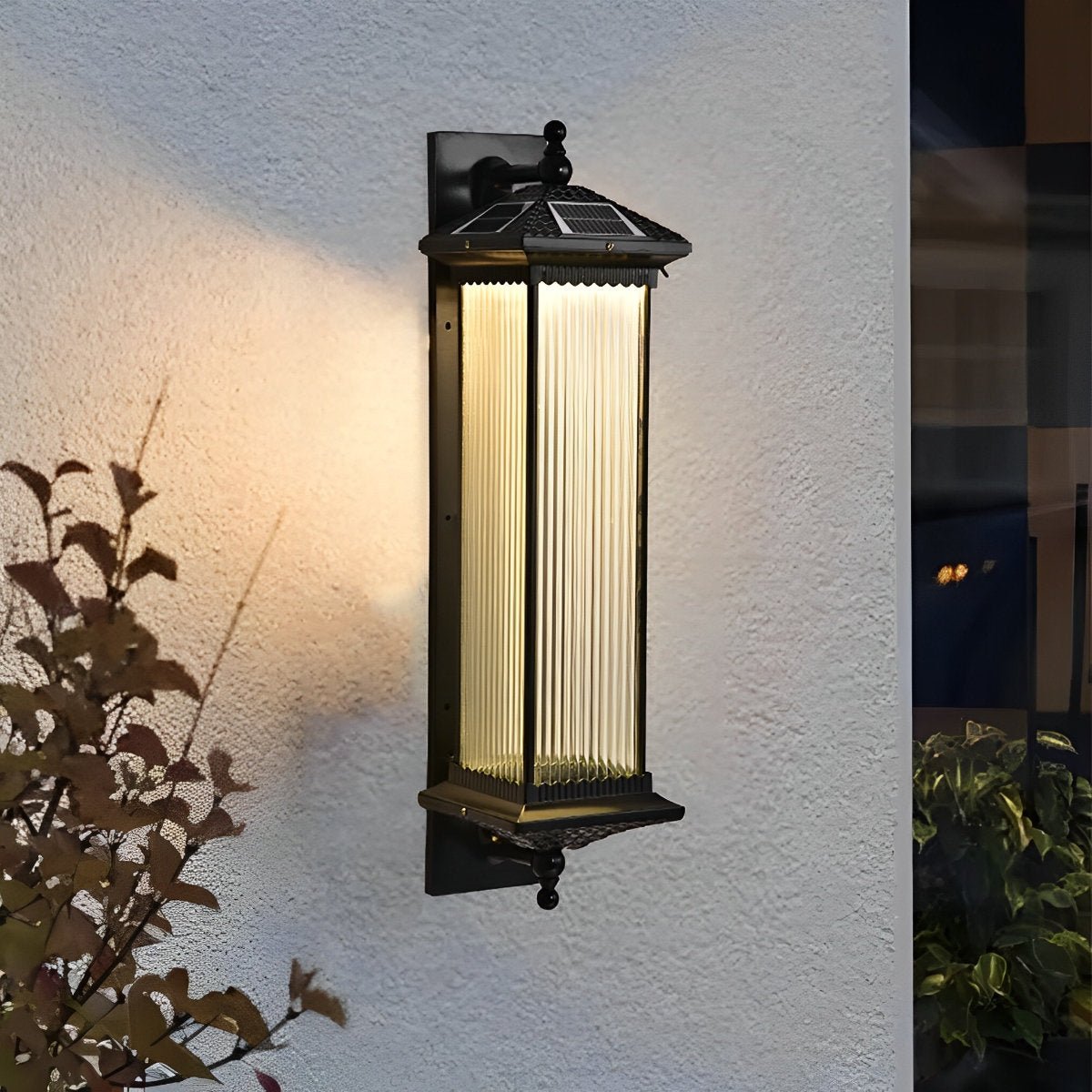 Striped Glass Solar Outdoor Wall Lamp with Warm Ambient Illumination – Waterproof Decorative Exterior Light