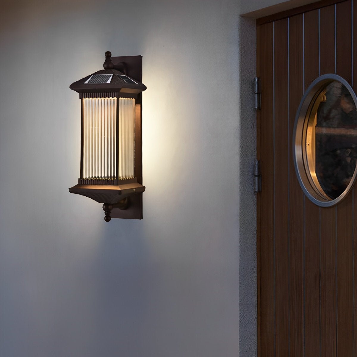 Striped Glass Solar Outdoor Wall Lamp with Warm Ambient Illumination – Waterproof Decorative Exterior Light