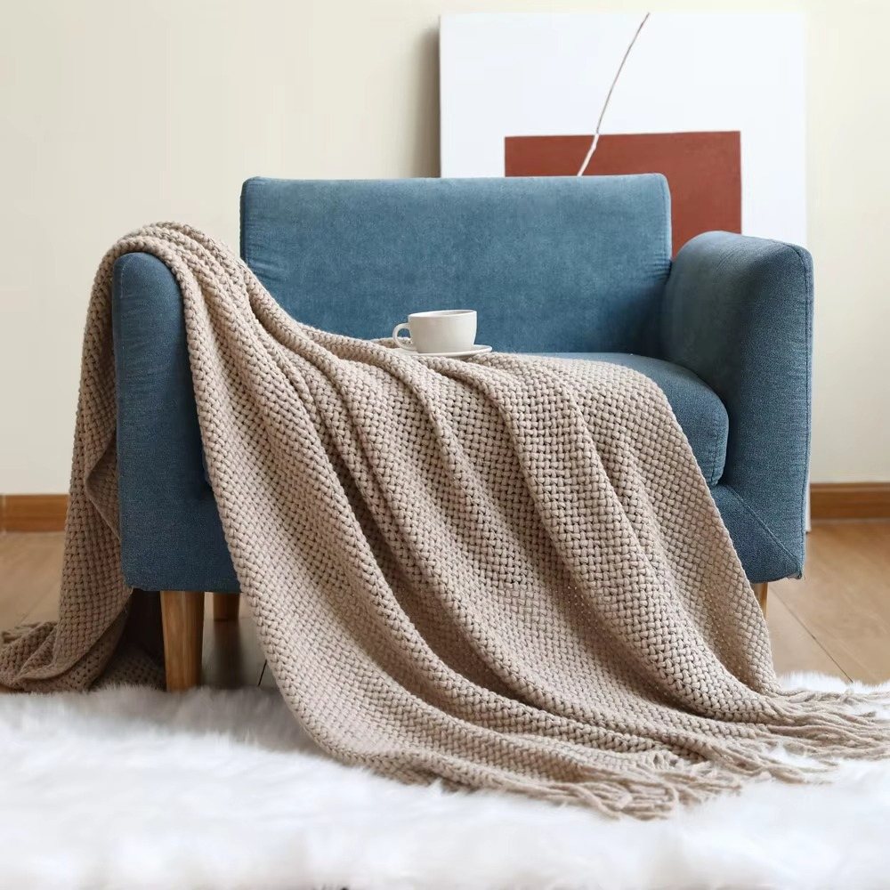 Ashlen Knit Throw Blanket – Soft Textured Acrylic Large Sofa Bed Couch Living Room Bedroom Decor