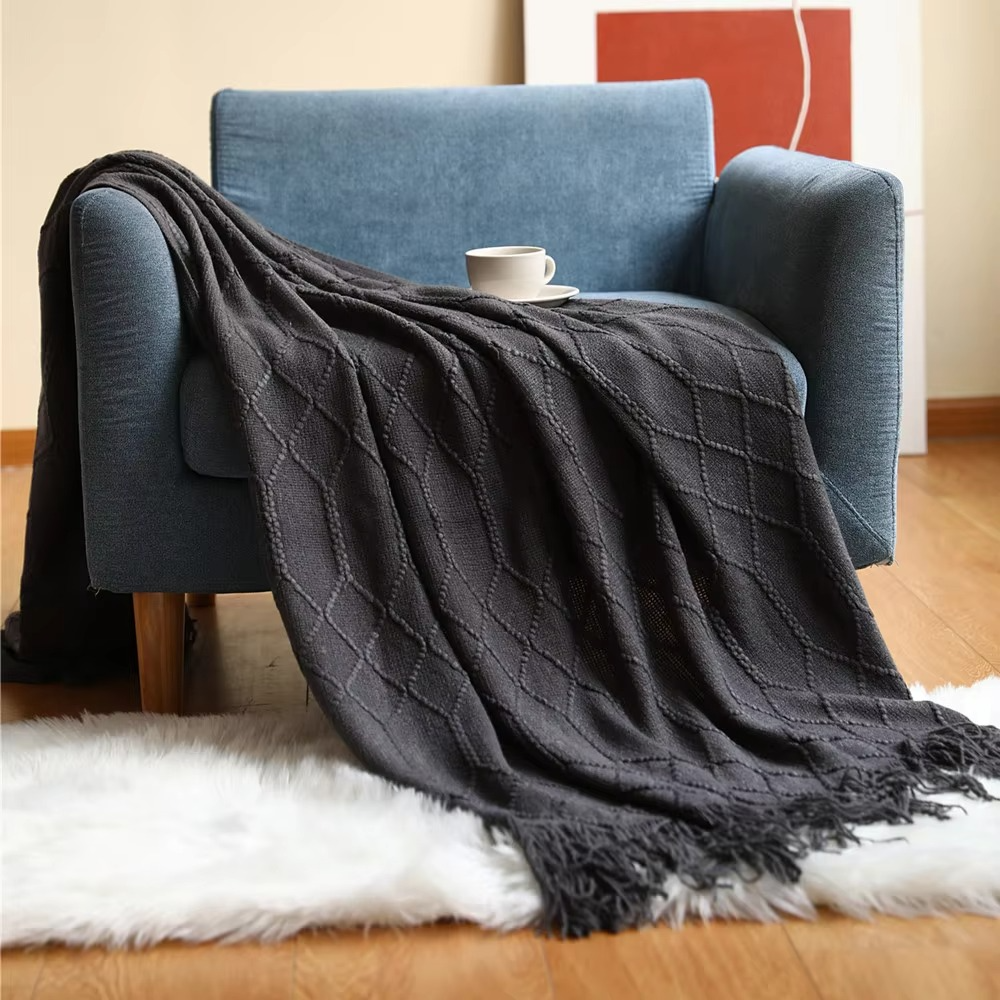 Ashlen Knit Throw Blanket – Soft Textured Acrylic Large Sofa Bed Couch Living Room Bedroom Decor
