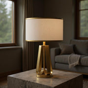 Brushed Gold Metal Table Lamp – Modern Fabric Shade Bedroom Light