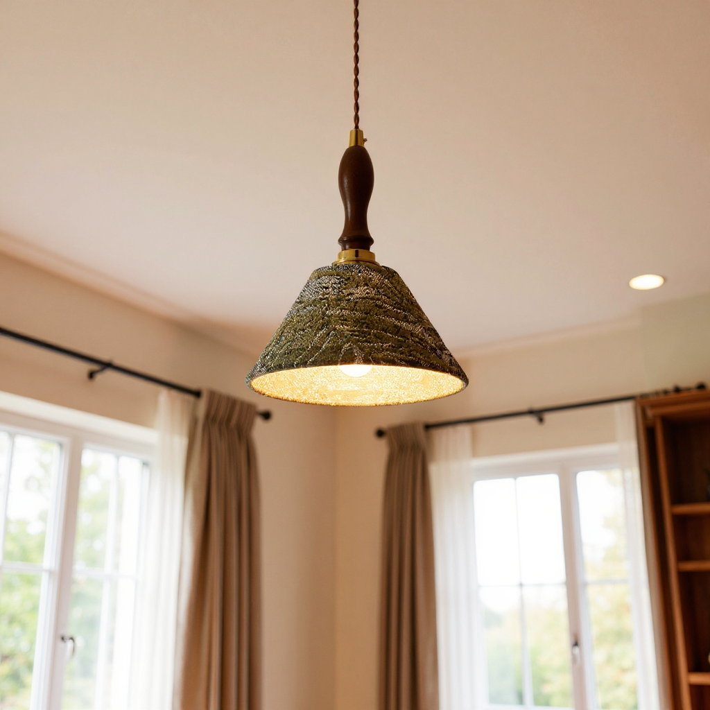 Artisan Textured Cone Pendant Light – Vintage Wood Handle Kitchen Dining Room Hanging Fixture