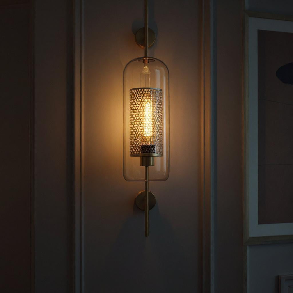 Vertical Glass Tube Wall Lamp Sconce – Perforated Brass Cylinder LED Fixture with Clear Dome Shade