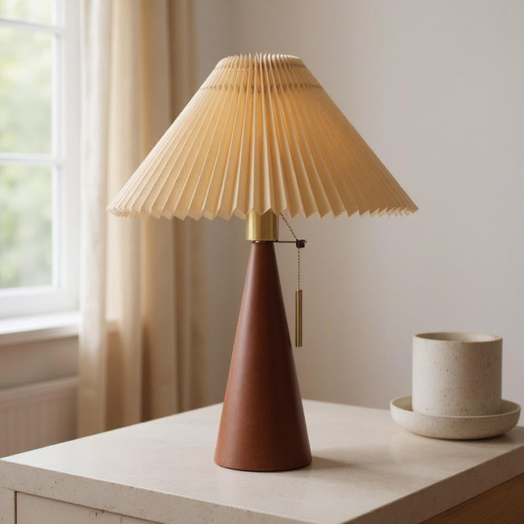 Walnut Cone Pleated Shade Table Lamp – Modern Warm Ambient Light