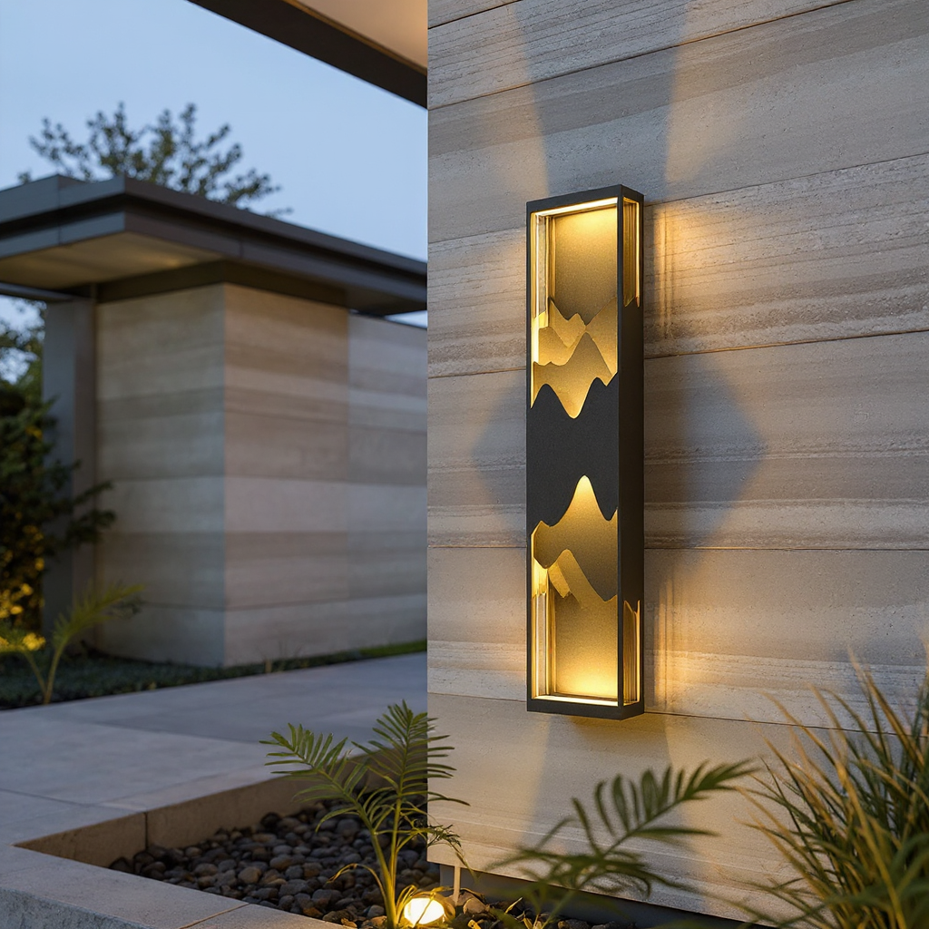 Modern Mountain Silhouette Outdoor Wall Lamp with Ambient LED Glow – Waterproof Architectural Exterior Light