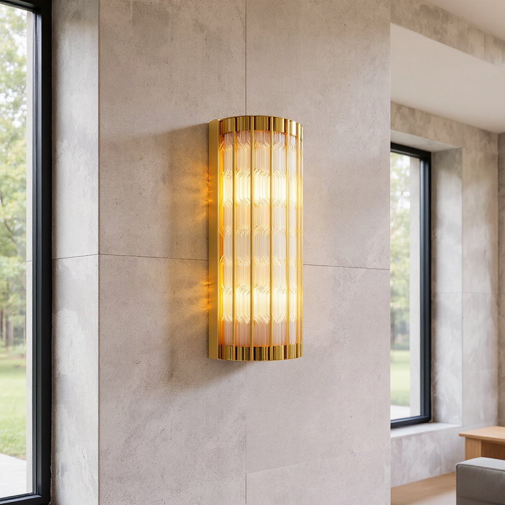 Aurelius Fluted Crystal Wall Lamp  – Cylindrical Glass Brass Interior Wall Lighting Fixture