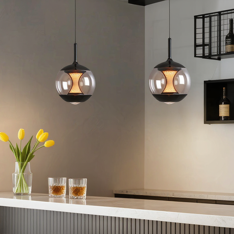 Orbital Glass Globe Pendant Light – Modern Black Kitchen Island Dining Room Hanging Fixture