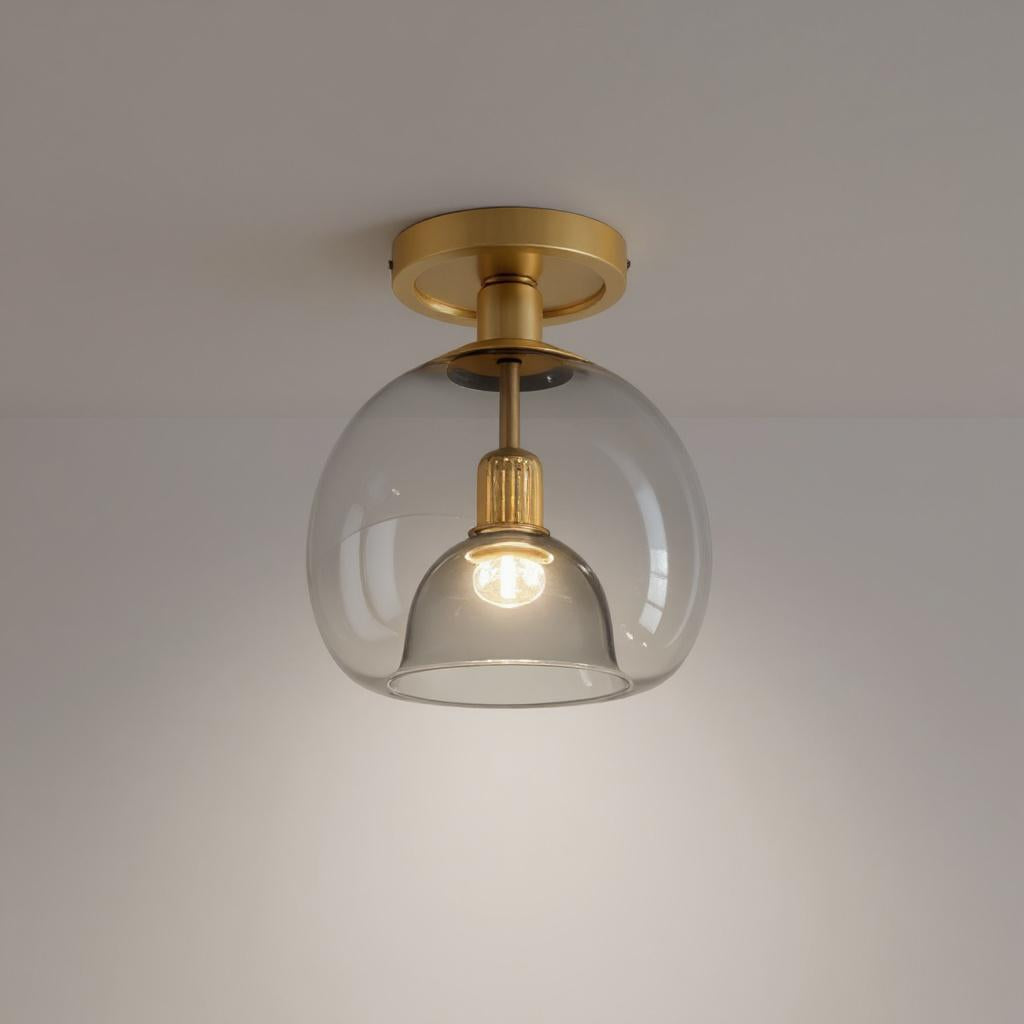 Brushed Brass Semi-Flush Ceiling Light with Smoked Glass Globe