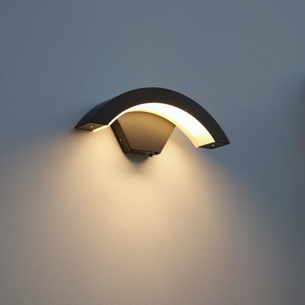 Modern Curved Outdoor Wall Lamp with Ambient LED Glow – Waterproof Exterior Architectural Light