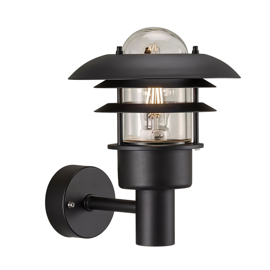 Nordvik Tiered Wall Sconce – Outdoor Black Metal Clear Glass Decorative Lighting Patio Entryway