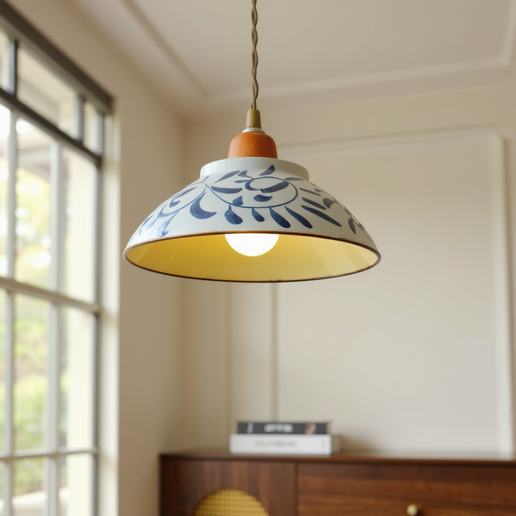 Arden Hand-Painted Ceramic Pendant - Blue Pattern Hanging Ceiling Light