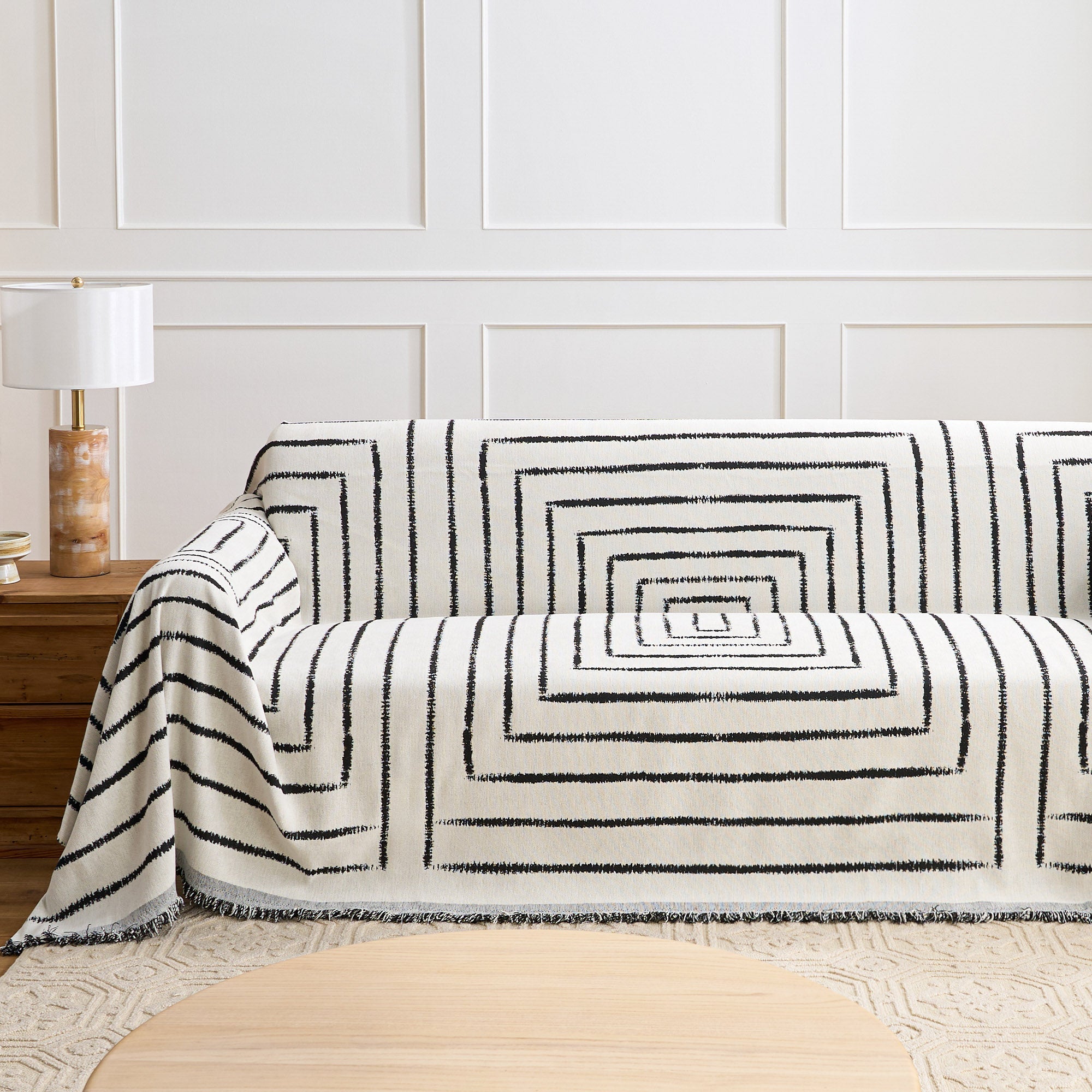 Concentric Geometric Throw Blanket – Modern Black White Striped Cotton Sofa Couch Bed Decorative