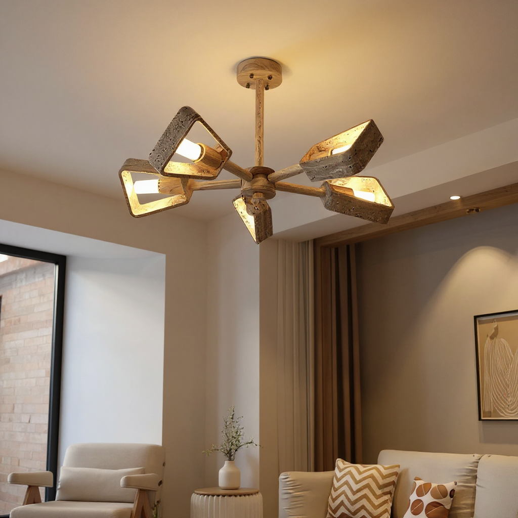 Stone Prism Chandelier – Geometric Natural Stone Frame Warm Ambient Light Dining Rooms