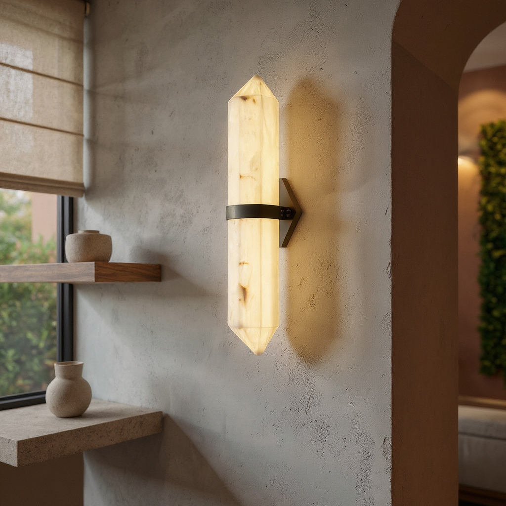 Ivory Obelisk Wall Sconce – Marble Finish LED Wall Light for Hallways and Living Rooms