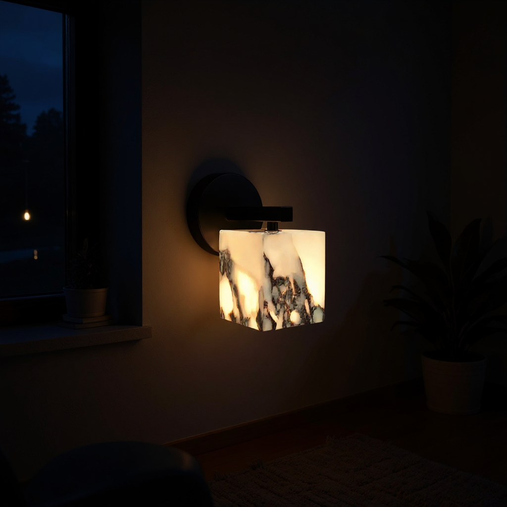 Monolith Cube Wall Lamp – LED Architectural Lighting Fixture with Matte Black Base and Translucent Stone Shade