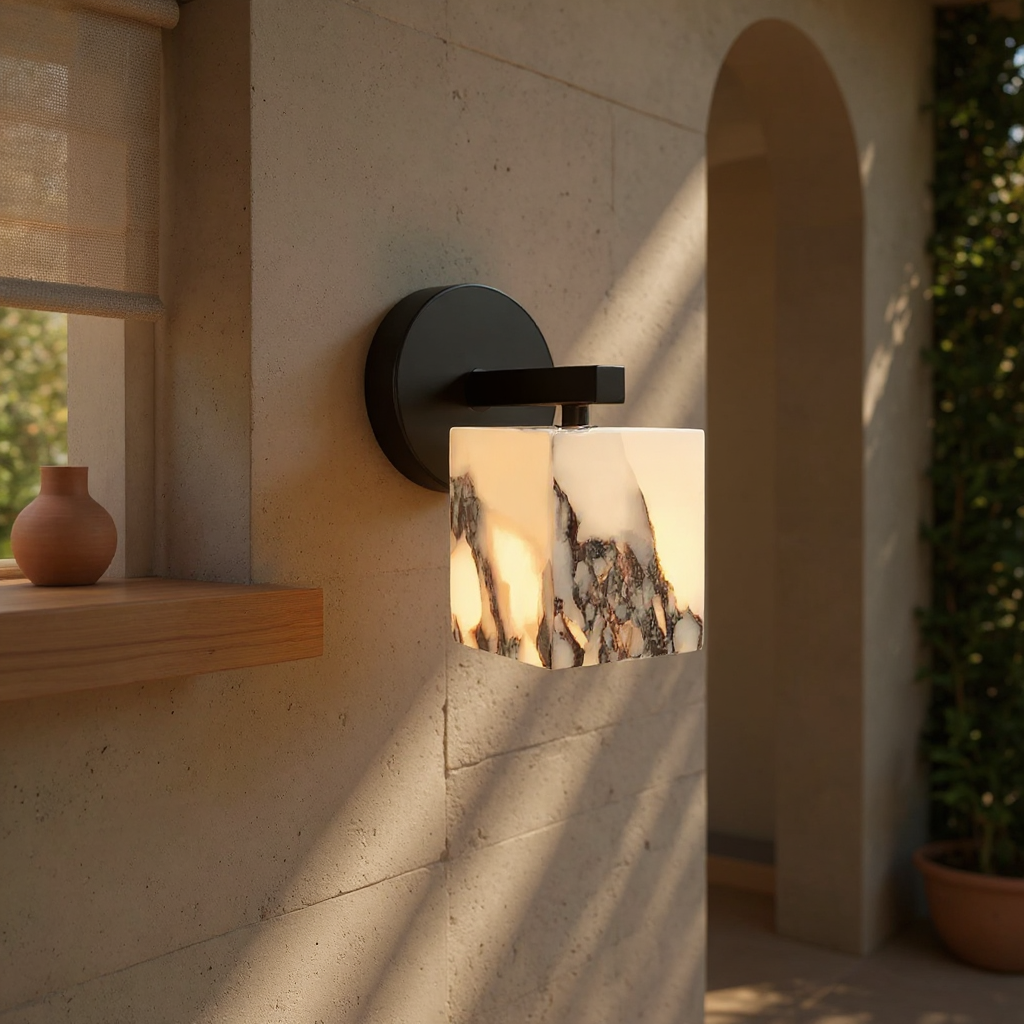Monolith Cube Wall Lamp – LED Architectural Lighting Fixture with Matte Black Base and Translucent Stone Shade