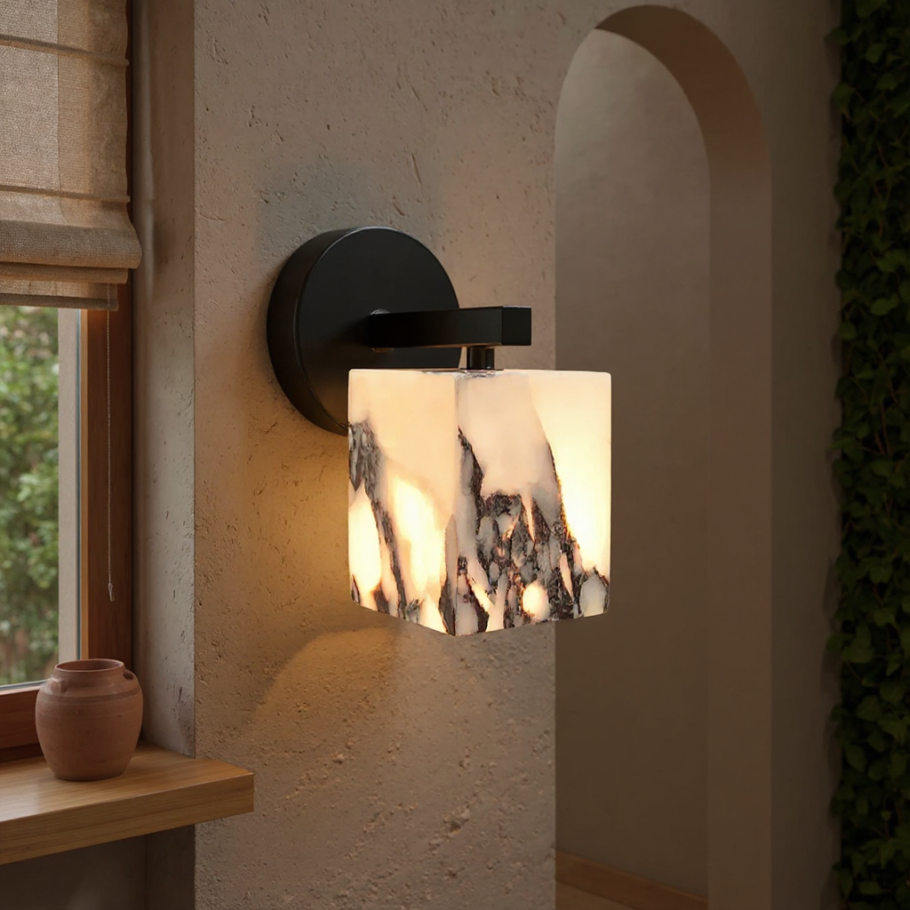 Monolith Cube Wall Lamp – LED Architectural Lighting Fixture with Matte Black Base and Translucent Stone Shade