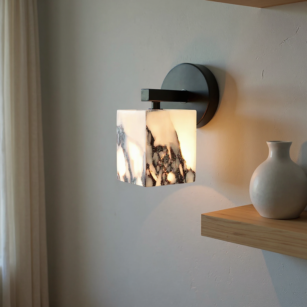 Monolith Cube Wall Lamp – LED Architectural Lighting Fixture with Matte Black Base and Translucent Stone Shade