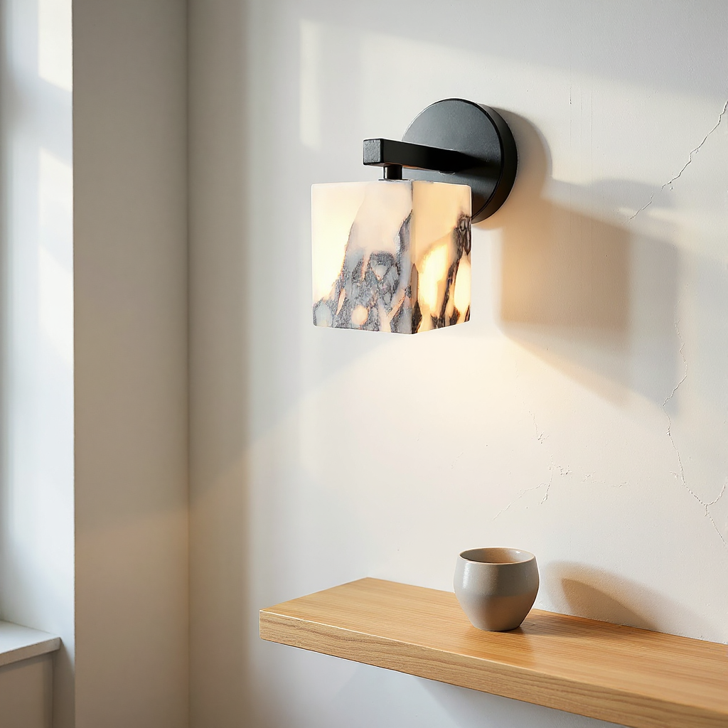 Monolith Cube Wall Lamp – LED Architectural Lighting Fixture with Matte Black Base and Translucent Stone Shade