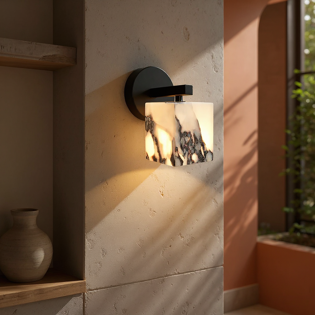 Monolith Cube Wall Lamp – LED Architectural Lighting Fixture with Matte Black Base and Translucent Stone Shade