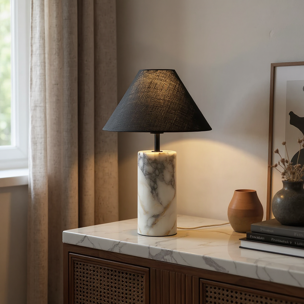Moonlit Marble Table Lamp – LED Marble Base Fabric Shade Warm Ambient Glow Modern Living Rooms