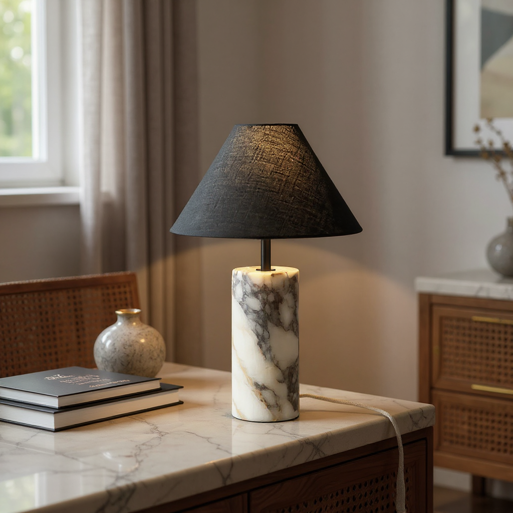 Moonlit Marble Table Lamp – LED Marble Base Fabric Shade Warm Ambient Glow Modern Living Rooms