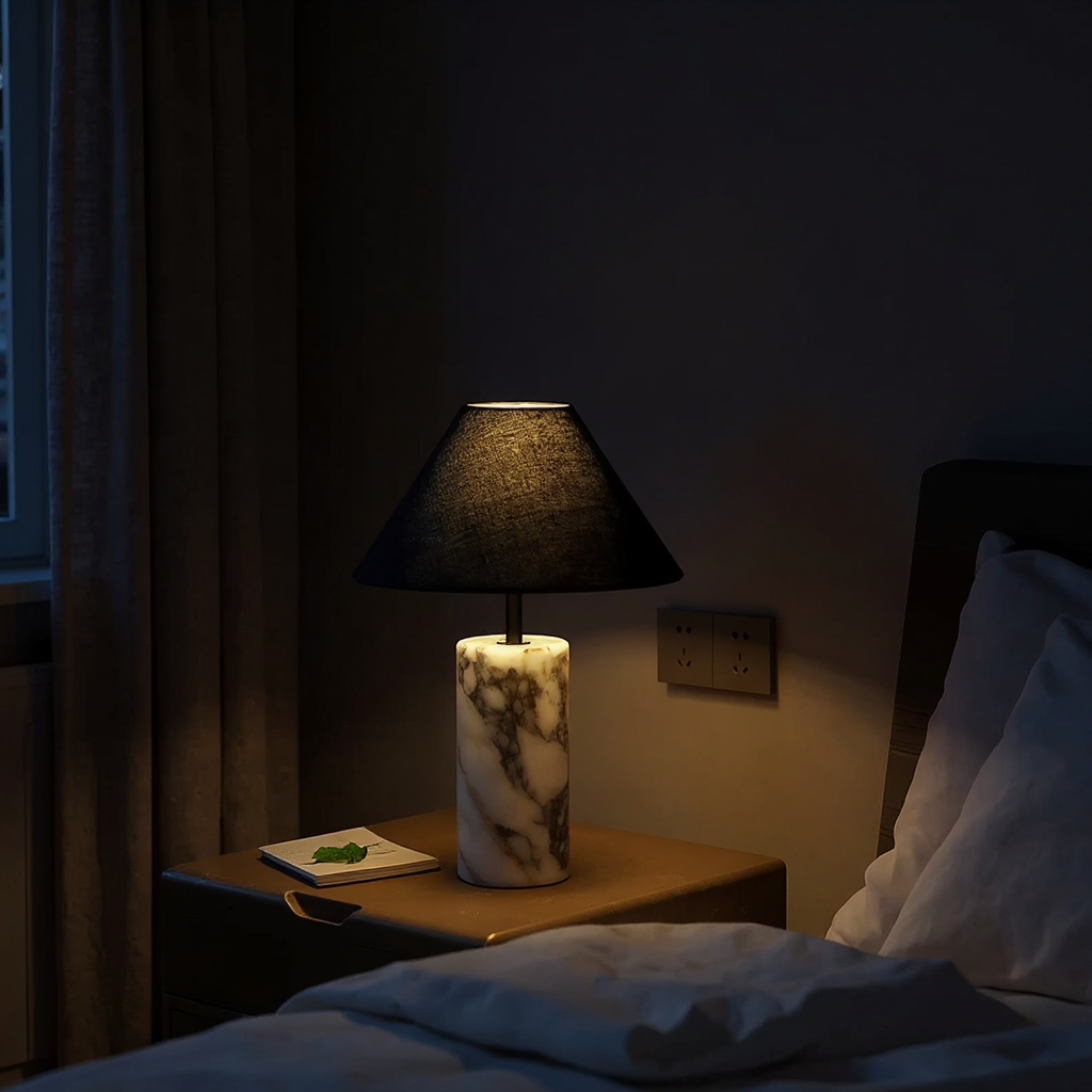 Moonlit Marble Table Lamp – LED Marble Base Fabric Shade Warm Ambient Glow Modern Living Rooms