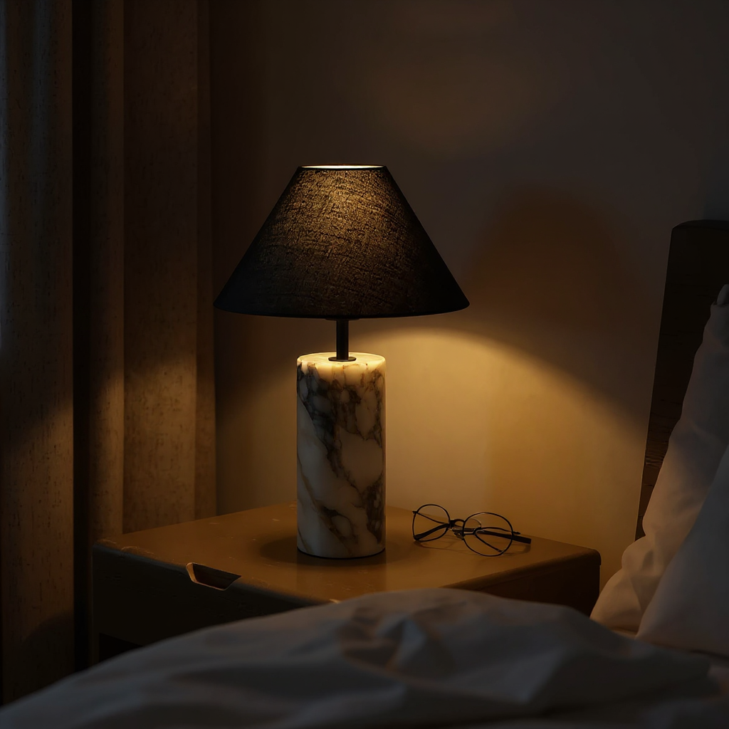Moonlit Marble Table Lamp – LED Marble Base Fabric Shade Warm Ambient Glow Modern Living Rooms